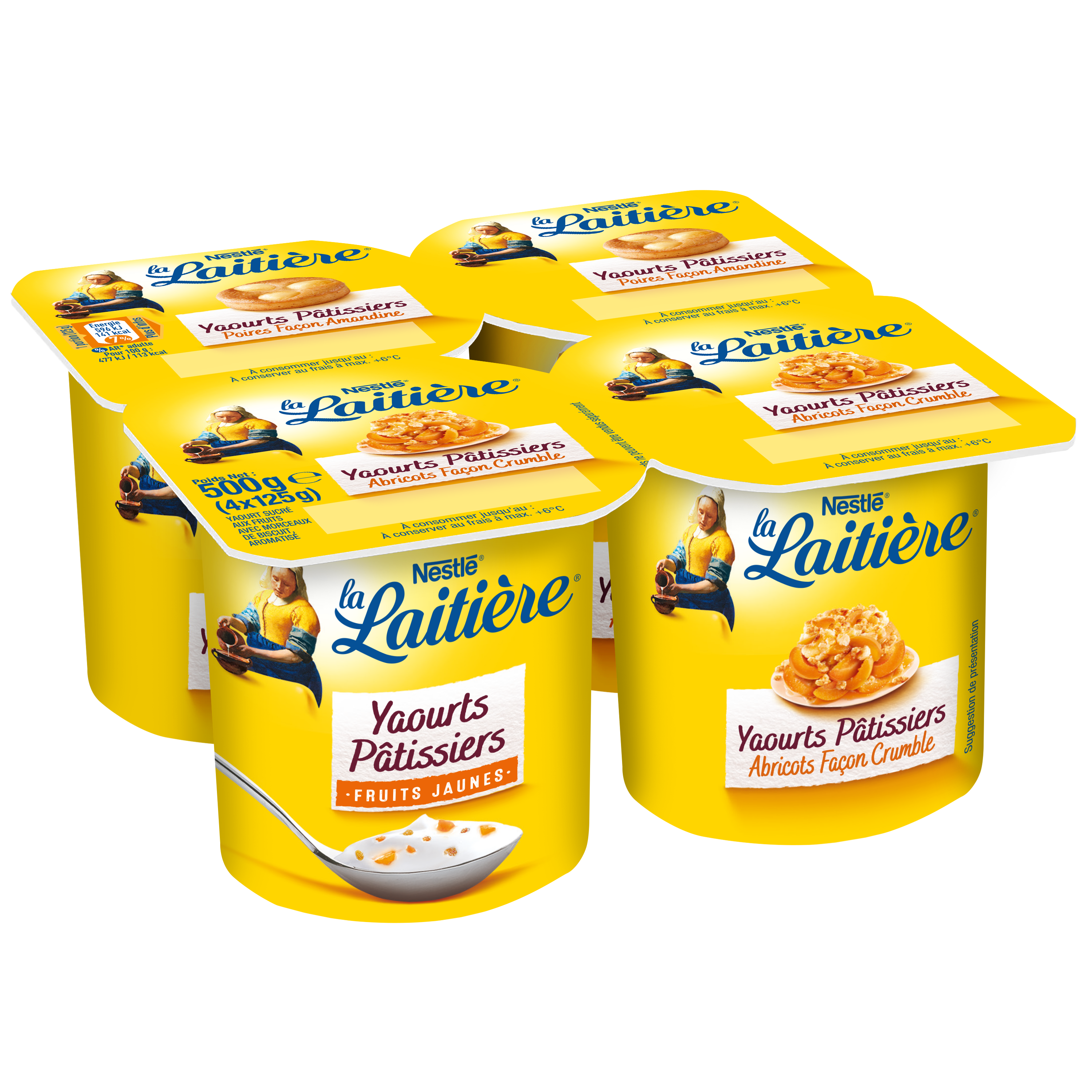 Yoghurt met geel fruit en stukjes koek
